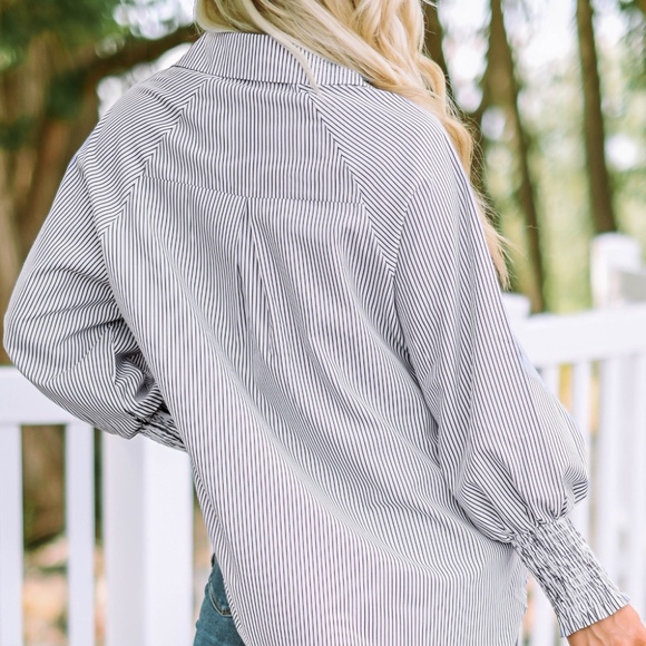 Smocked Cuffed Striped Boyfriend‎ Shirt with Pocket - Picture 2 of 14